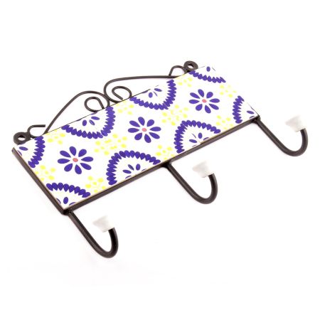 White And Navy Blue Flower Tiles Hooks